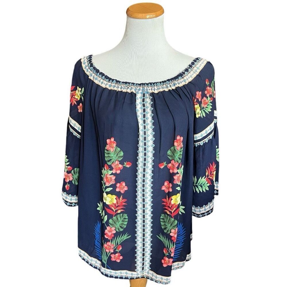 NWT Womens Flower & Feather Floral Off Shoulder 1/2 Sleeve Boho Peasant Top  1X